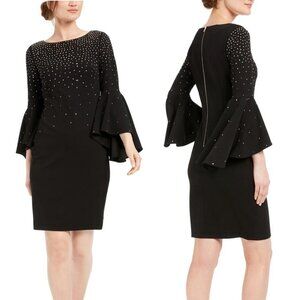 Calvin Klein Black Embellished Bell Sleeve Cocktail Sheath Dress 20792